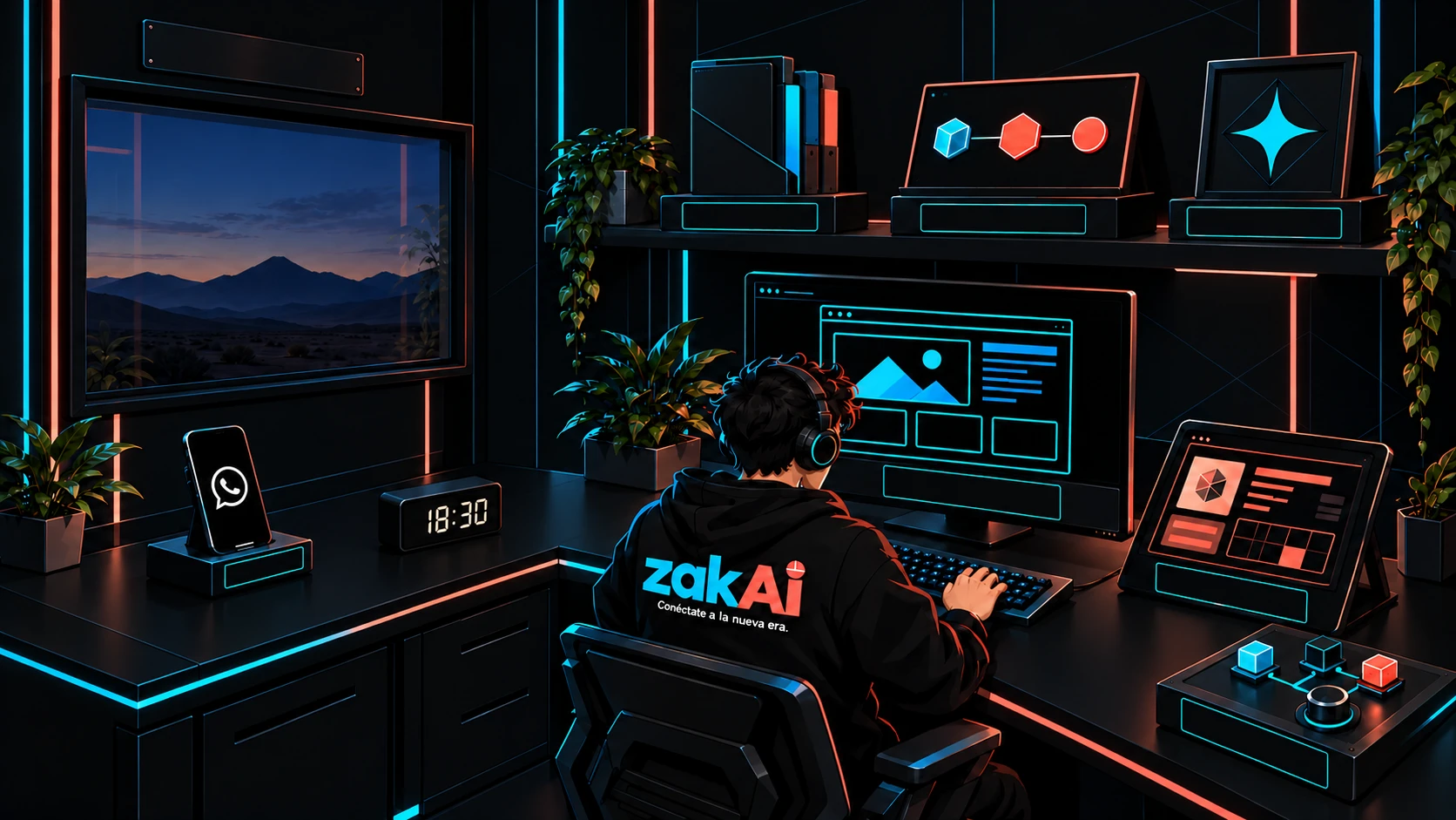 Estudio ilustrado zakAi: programador con polerón de la marca, monitor, tablet, consola, teléfono de WhatsApp y reloj digital a las 18:30.